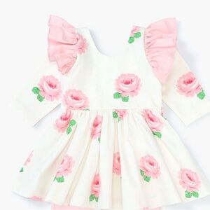 Pink Rose Print Ruffle Sleeve Dress